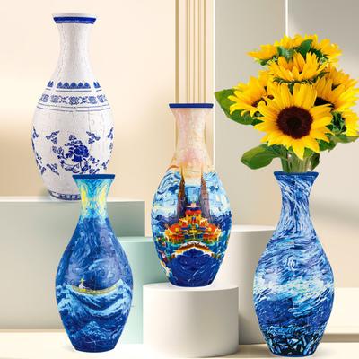 3D-Puzzle-Vase zum Selbermachen, handgefertigt, Blumenschloss, Meereswellen, Boot, Druck, Blumenpflanzen