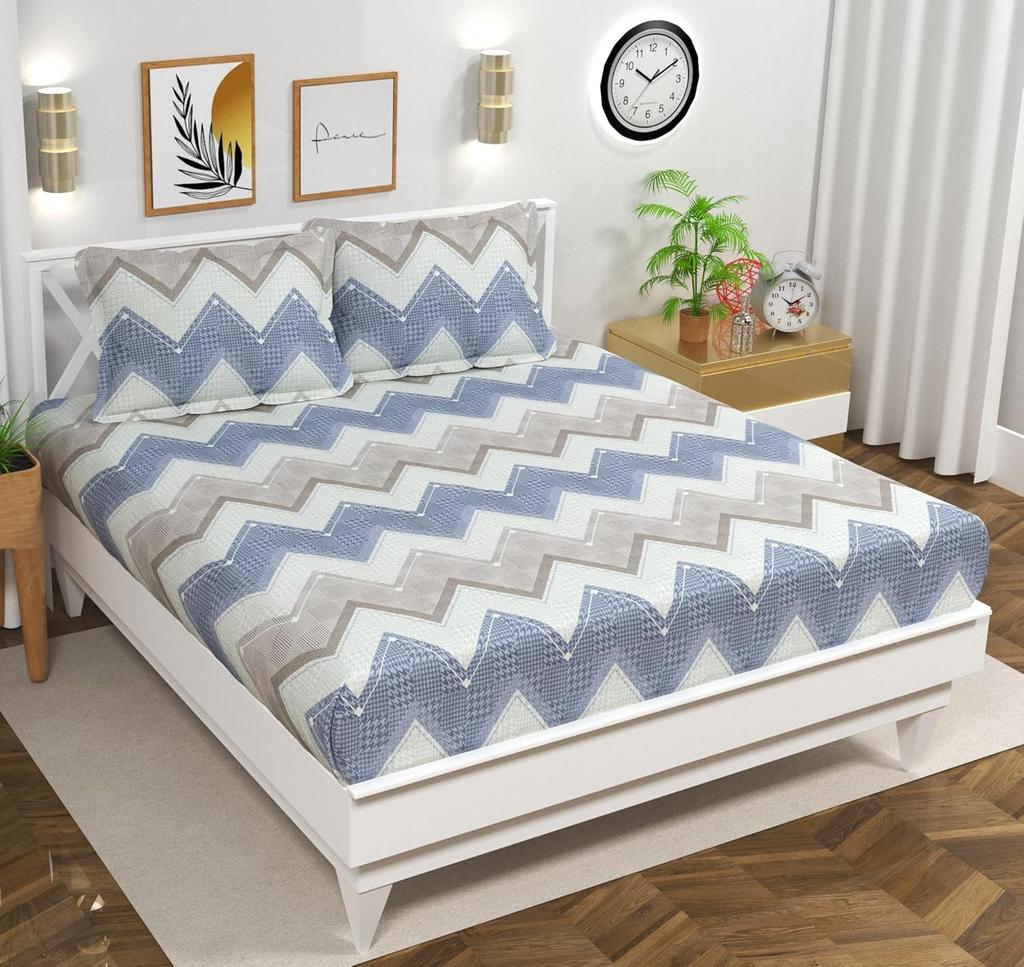 Set Lenzuola Matrimoniali 100% Cotone | 144 TC Morbido e Traspirante | Stampa Ondulata Beige Rosa e Grigio con 2 Federe