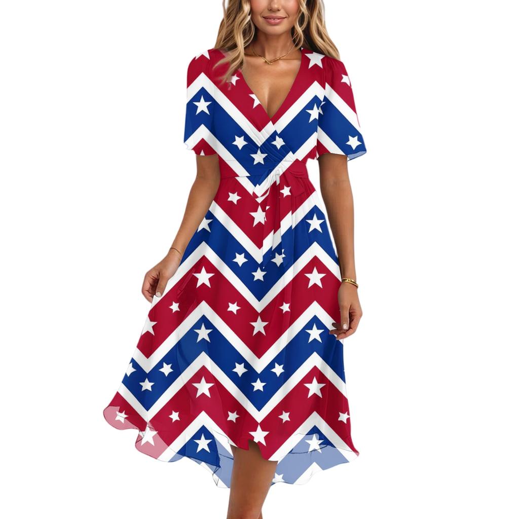 Women's Fashionable Casual V-neck Short-sleeved Independence Day Printed Dress