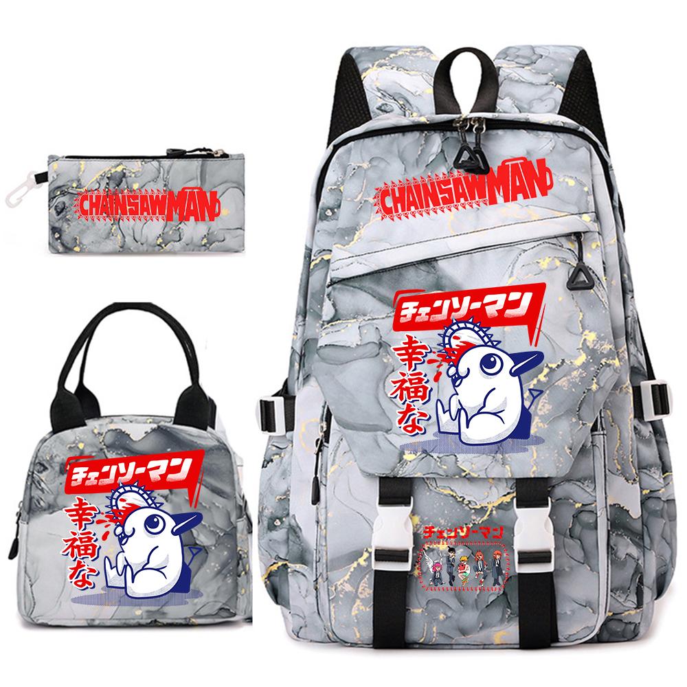 Chainsaw Man Anime Print Student Backpack Set for Girls with Lunch Bag Pencil Case School Daily Use