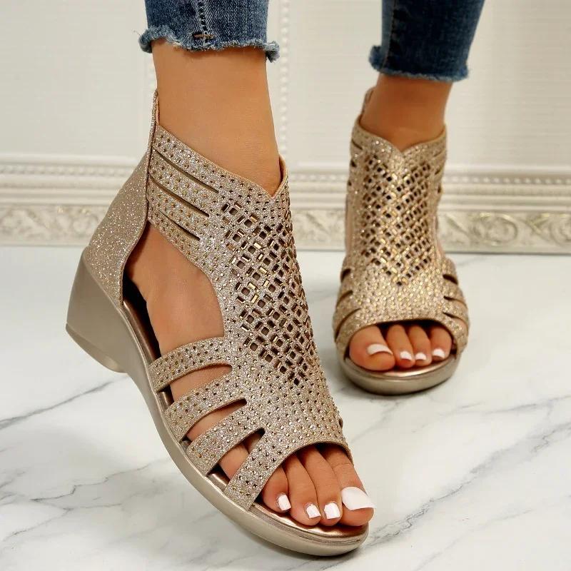 Fashion Rhinestone Wedge Sandals Women Summer New Elegant Ladies Rome Shoes Hollow Sandals Female Black Casual Sandalias