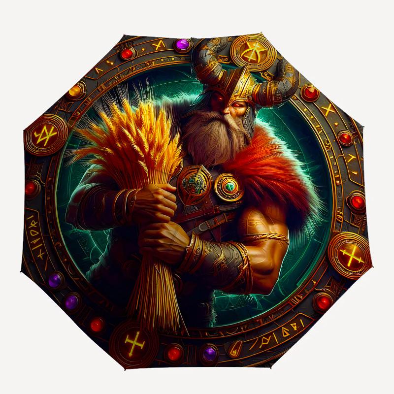 Viking Warrior Wall Art Decor, Norse Mythology Poster with Shield and Sword Umbrella, Cute Umbrella with Cute Design, Portable 3-Fold Compact Umbrella