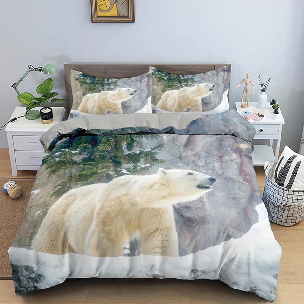 Polar Bear Duvet Cover 3D Lovely White Arctic Animals Kids Teens Women Wildlife Arctic Scenery Theme Quilt Cover Room Decoration