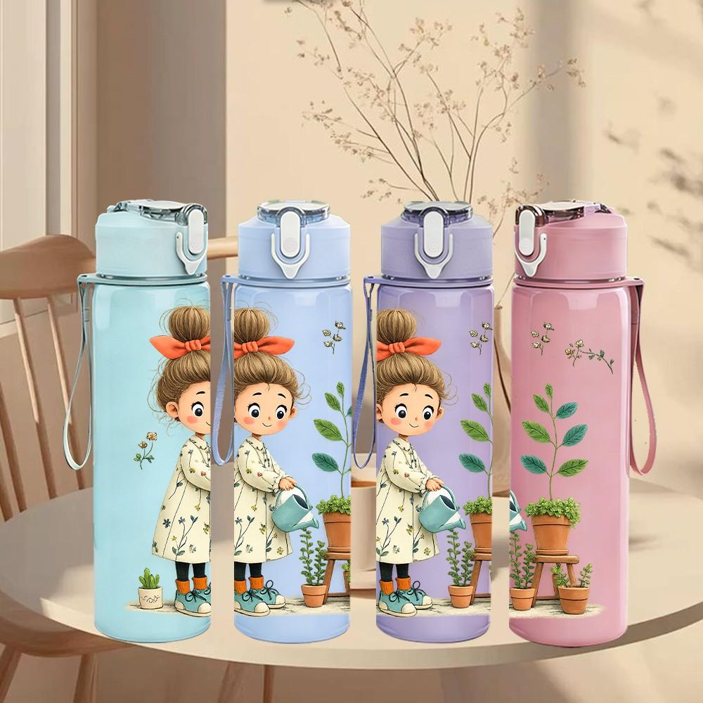 1PC Little Girl Potted House Plant Print 750ml Color Plastic Sports Water Bottle Leakproof Flip Straw Lid Suitable for Sports Office Home Use