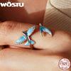 WOSTU 925 Sterling Silver Flying Fish Adjustable Open Ring Ocean Blue Enamel Mermaid Tail Adjustable Rings Vacation Jewelry