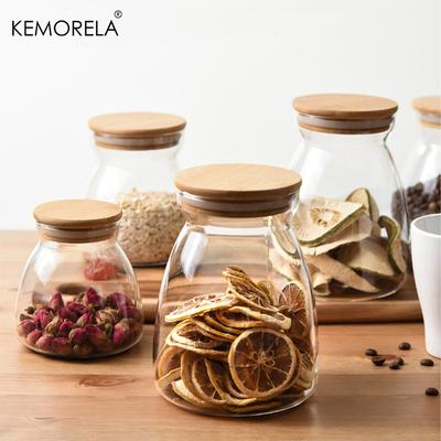 1PCS Wood Lid Glass Airtight Canister Food Container Tea Kitchen Storage Bottles Jar Sealed Grounds Jars Organizer