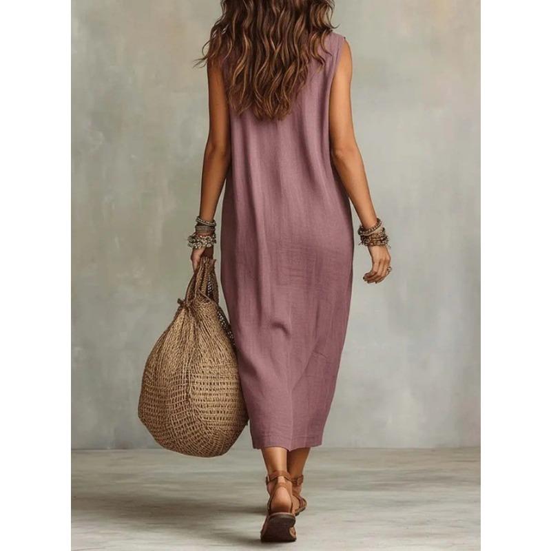 Women Casual Loose Cowl Neck Sleeveless Solid Color Long Swing Vacation Dress