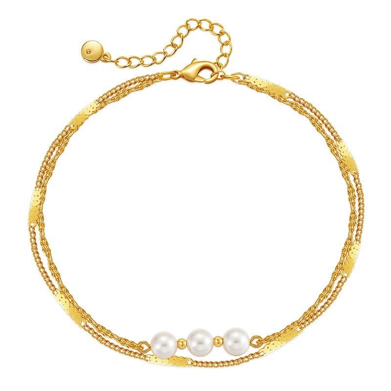 Double Layer Stacked 18k Gold Plated Pearl Anklet Women Minimalist Foot Jewelry