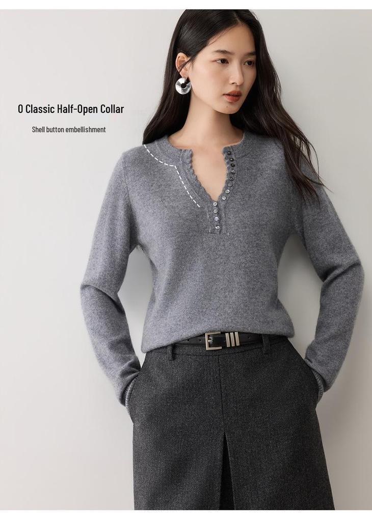 V-neck Half-Zip Multi-Button Cashmere Knit Base Layer for Autumn/Winter