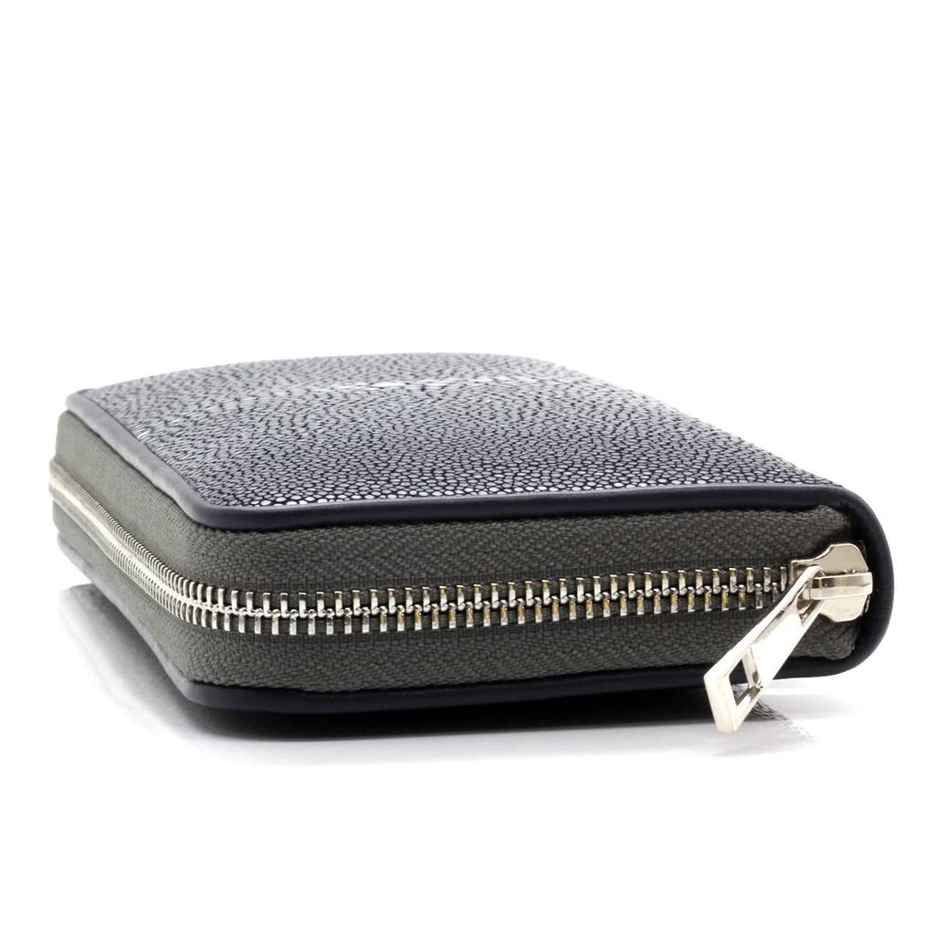 [Revetta] Stingray Leather Long Wallet with Round Zipper, Stingray and Galuchat Design, Navy Blue, Genuine Leather with Gray Leather Interior [196stw]