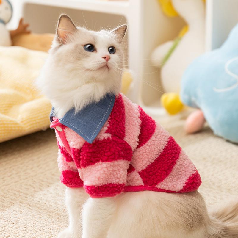 Cat Autumn and Winter Bear Striped Shirt Collar Flannel Medium and Small Dog Dog Hairless Cat Pet Cat Clothes