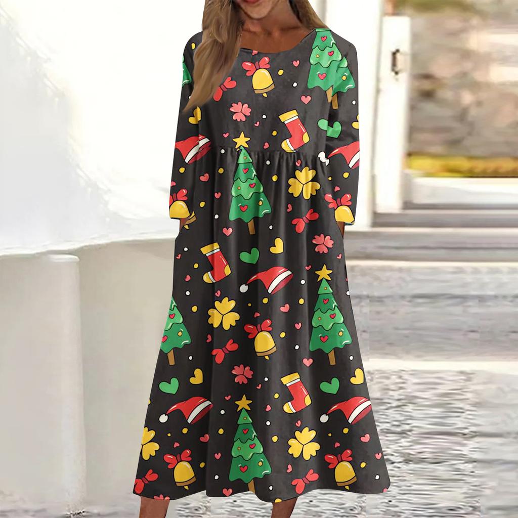 Rochie midi casual de damă cu gât rotund și imprimeu de Crăciun, cu mâneci lungi și buzunare