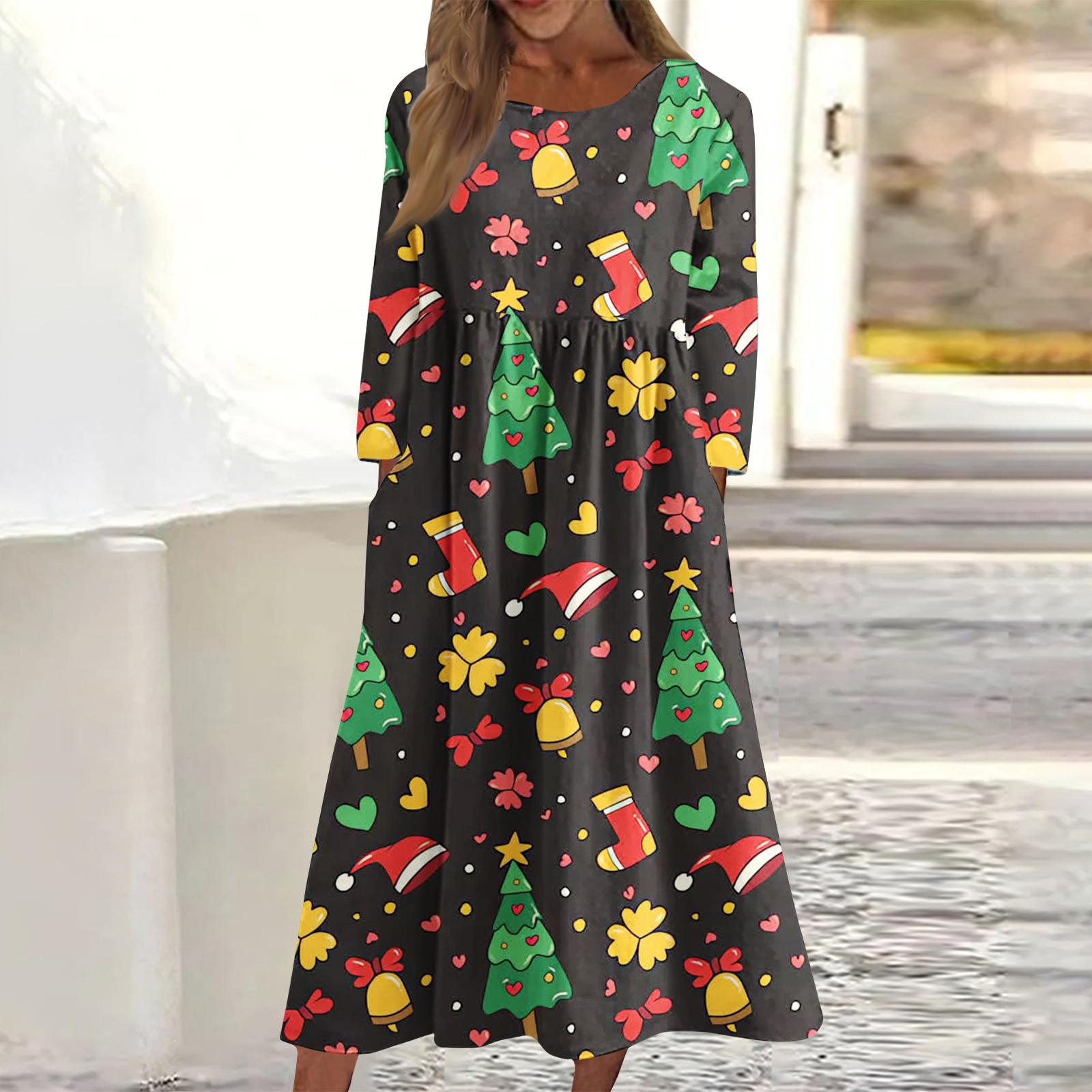 

Женское повседневное миди-платье с круглым вырезом и рождественским принтом, с длинным рукавом и карманом L чёрный