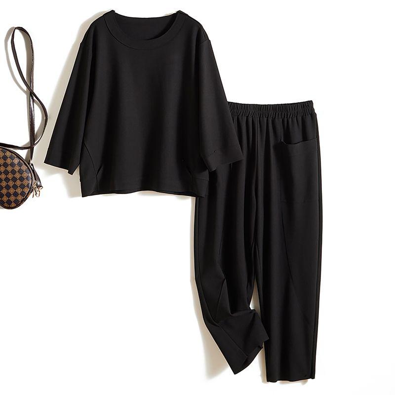 

Fashion Suit Less Deduction for Daily Orders! Women s round Neck 3/4 Sleeves Ramie Cotton Anti-Wrinkle T-shirt with Cropped Tappered Pants Black 4XL