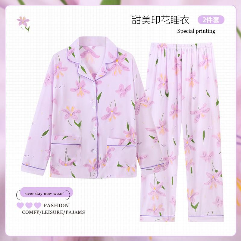 Womens Long Sleeve Pajama Set Faux Cotton Loungewear Ladies Thin Breathable Sleepwear Casual Home Wear