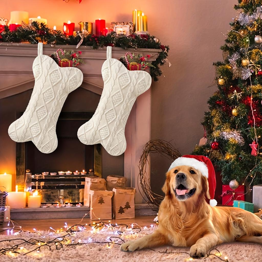 Knit Christmas Stocking, Bone Shape Dog Stocking, Festive Holiday Decor for Home & Kitchen, Christmas Tree Decoration Gift Bag.