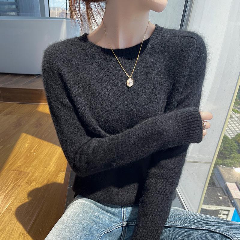 Women's Genuine Cashmere Seven-Gauge Thick Saddle Shoulder Round Neck Loose Solid Color Knit Sweater Base Layer
