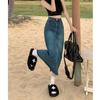 Denim Skirt High Waist Split A Line With Vintage Wash For Summer Casual Wear