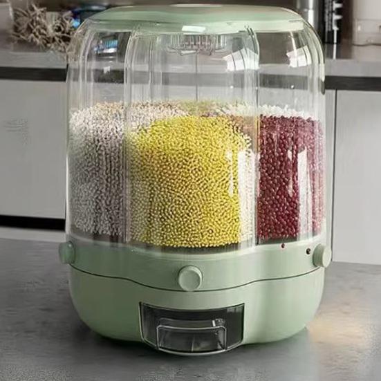 Rotating Grain Storage Bin Large Capacity 6 Grids Design Moisture-Proof Transparent Rice Container Cereal Dispenser Bucket