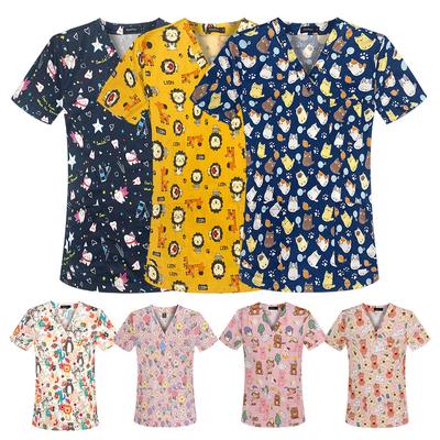 Cartoon Printed Nurse Uniforms, Surgical Uniforms, Care Work Uniforms, V-Neck Short Sleeve T-Shirts, Tops for Men and Women