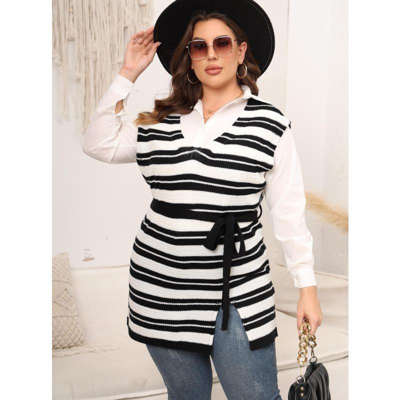 Women's Vest Large Size Women's Striped Contrasting Color Splicing Casual Strap Belt Vest Mid-length Horse Clip