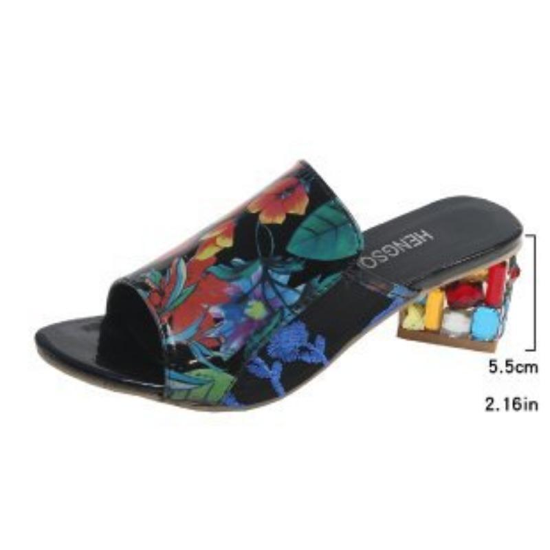 Embroidered open-toed high-heeled slippers women's large-size thick-heeled printed one-word fashion cool slippers ebay