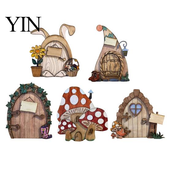 Hand Painted Rabbit Decorations Wooden Fairy Door Decor, 2D Gnome Elf Ornament, Bunny Mushroom Springtime Living Room Embellishments Wood Craft, House