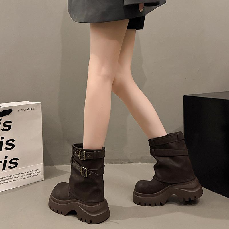 Maillard mid-tube cowboy knight boots women's 2025 autumn new small thick-soled heightened trousers Martin boots