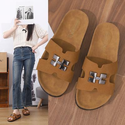 Summer H Slippers Soft-soled Integrated Loafers One-word Slippers European and American Large Size One-pedal Women's Versatile Shoes