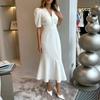Casual White Patchwork Dresses Woman Fashion V-Neck Half Sleeve Button Dresses Elegant High Waisted Ruffled Midi Dress