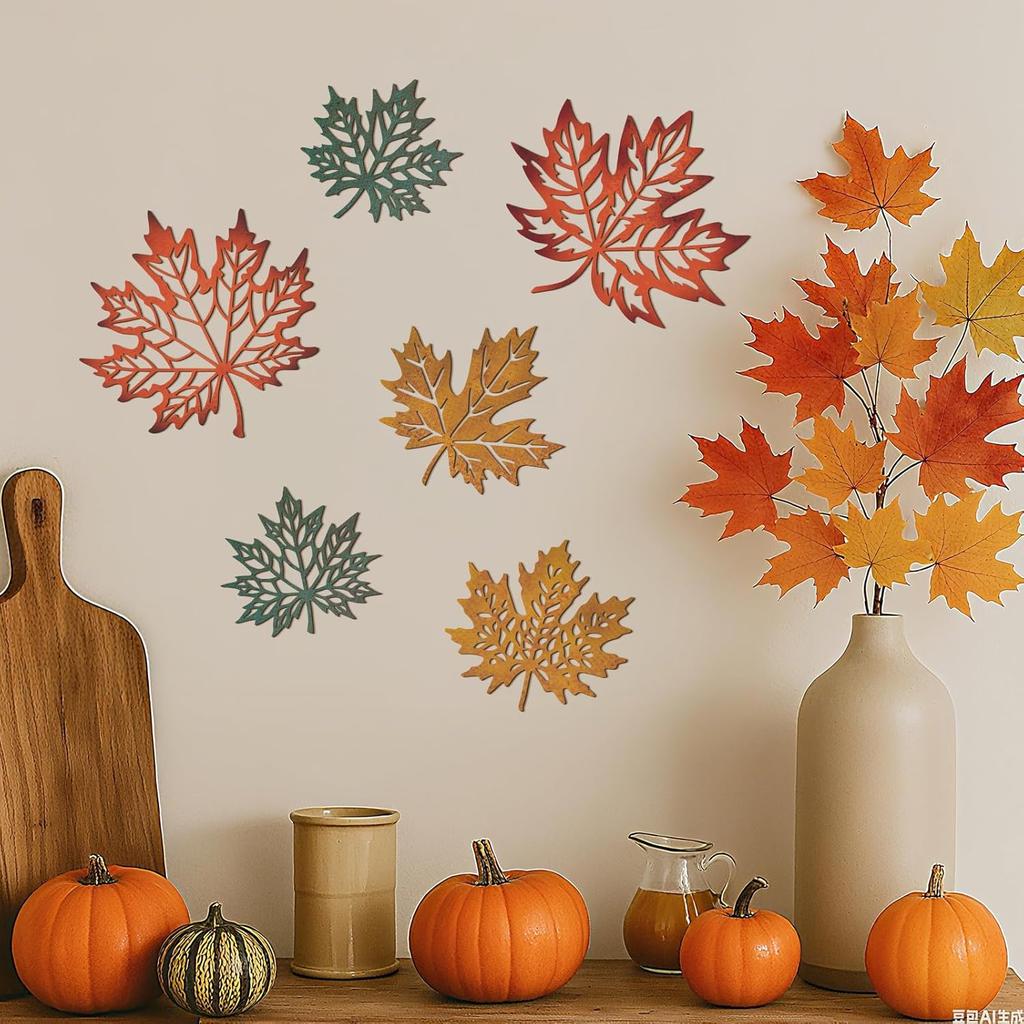 6 Stück Metall Herbst Ahorn Herbstblätter Wanddeko Kunst Bauernhaus Rustikal Metallschild Hängeornament für Thanksgiving Herbst Zuhause Innen Außen