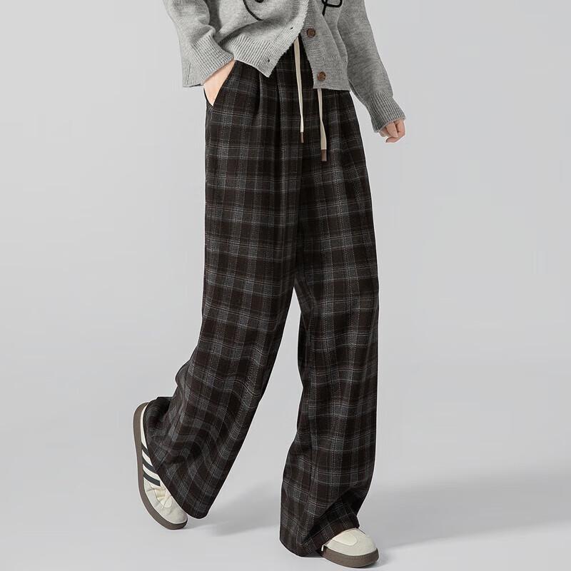 Women's High-Waist Loose Plaid Drawstring Casual Pants