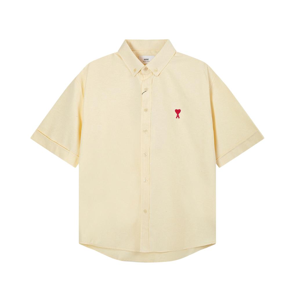 AMI Men's Classic Spring and Autumn Red Heart Embroidered Casual Cotton Solid Color Short Sleeve Shirt On the Chest