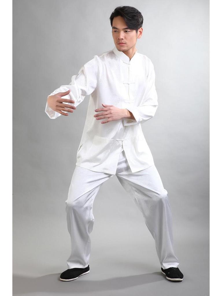Men's Silk Long-Sleeve Tang Suit Set - Roll-Up Sleeve Kung Fu Suit for Spring & Autumn