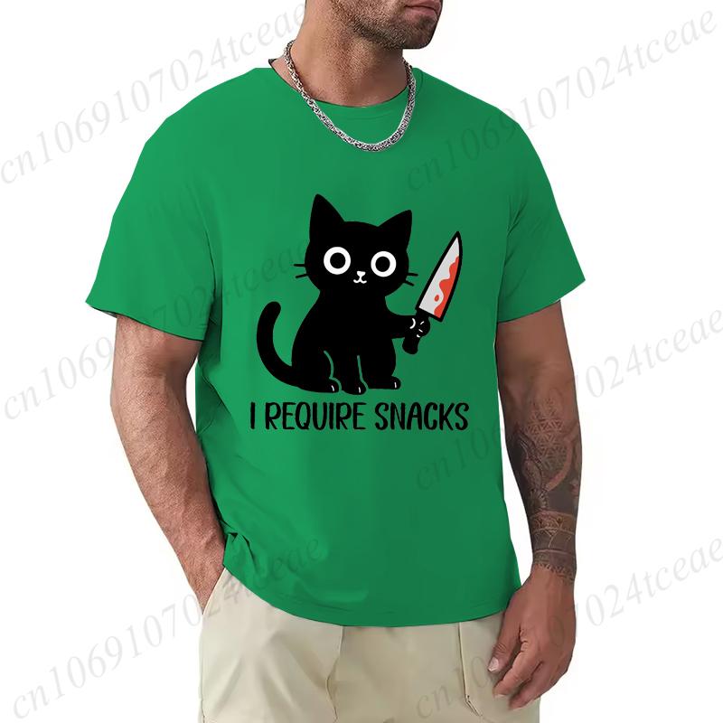 Summer Men's Tee T-shirt Clothes I Require Snacks Black Cat Print T-Shirts Clothing Funny Meme Animal Lover Tops Tees Clothes