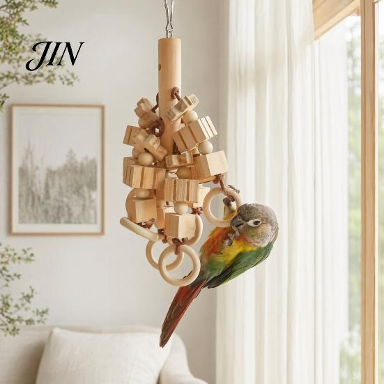 Wood Blocks Parrot Toy Toy, Bird Chew with Wooden Rings, Chewable Toys Biting Hanging Cage Accessory for Parakeet Conure Cockatiel