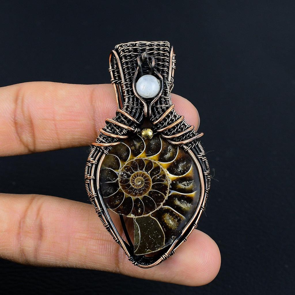 Ammonite Fossil 999 Copper Wire Wrapped Pendant, Handmade Gemstone Jewelry Pendant For Memorial Day