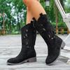 Classic Suede Western Cowboy Boots Women 2025 Autumn Vintage Hollow Out Medium Heel Riding Boots Ethnic Style Designer Shoes