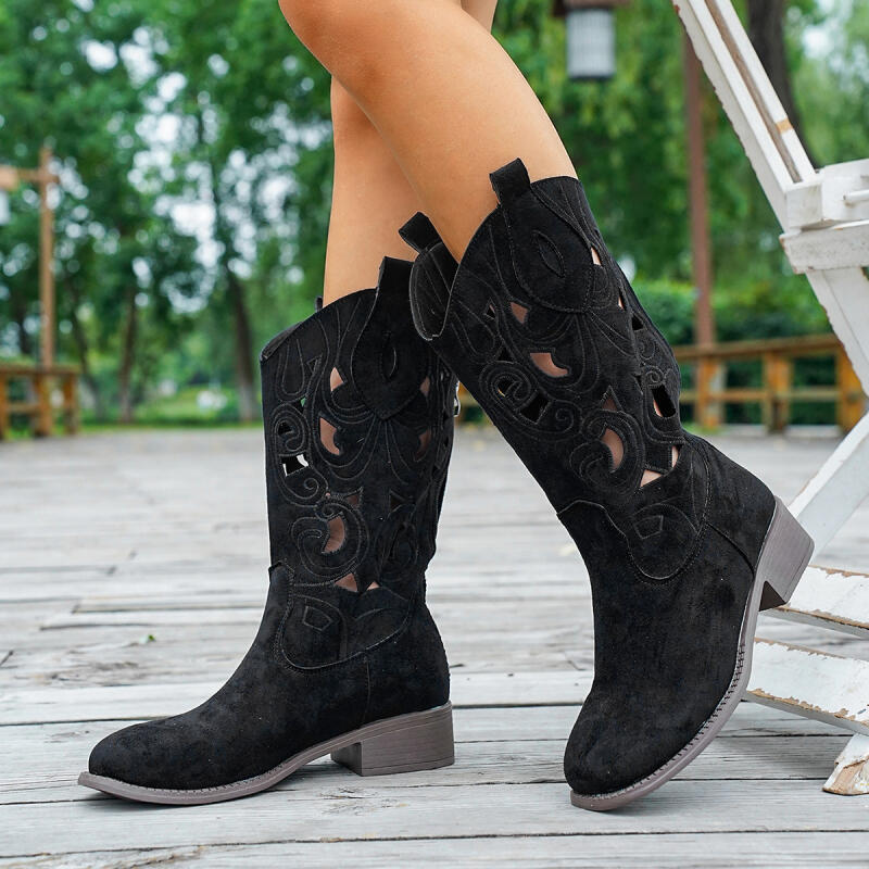 Classic Suede Western Cowboy Boots Women 2025 Autumn Vintage Hollow Out Medium Heel Riding Boots Ethnic Style Designer Shoes