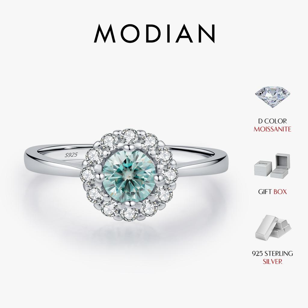 MODIAN D Green Teal Moissanite Halo Ring 925 Silver Trendy Elegant Finger Rings For Women Wedding Fine Jewelry