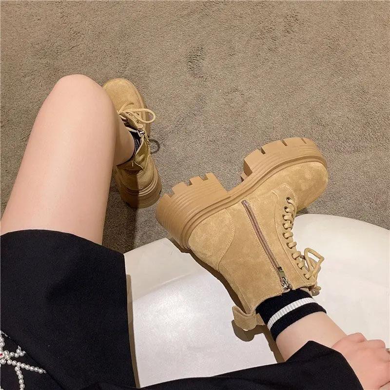 Biker Lace-up Women's Ankle Boots Short Shoes for Woman Sports Combat Chunky Punk Style with Laces Round Toe Footwear Booties Pu