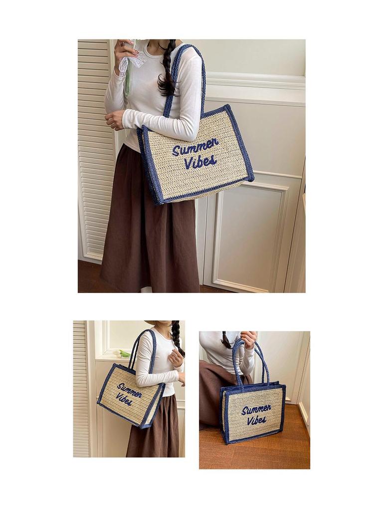 Women's Large Capacity South Wind Chic Straw Woven Tote Bag with Embroidered Letters