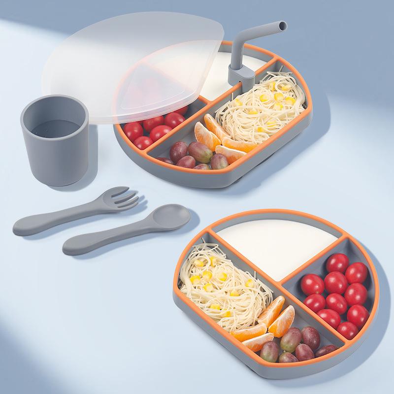 9 Pcs Baby Silicone Bib Divided Dinner Plate Sucker Bowl Spoon Fork Straw Cup Set Training Feeding Food Utensil Dishes