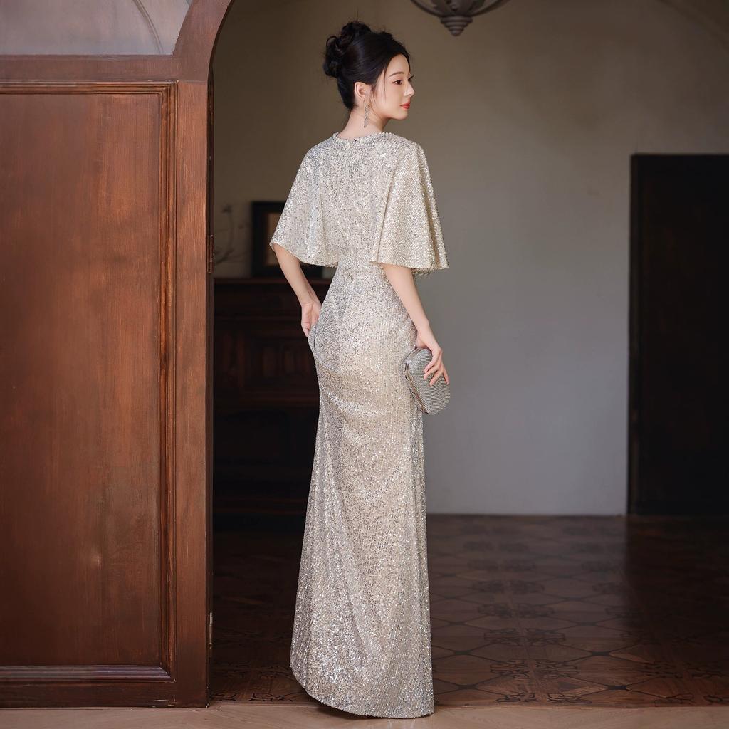 Silver Sequined Evening Dress Women's Light Luxury Niche Temperament Long Banquet Host Engagement Fishtail Dress