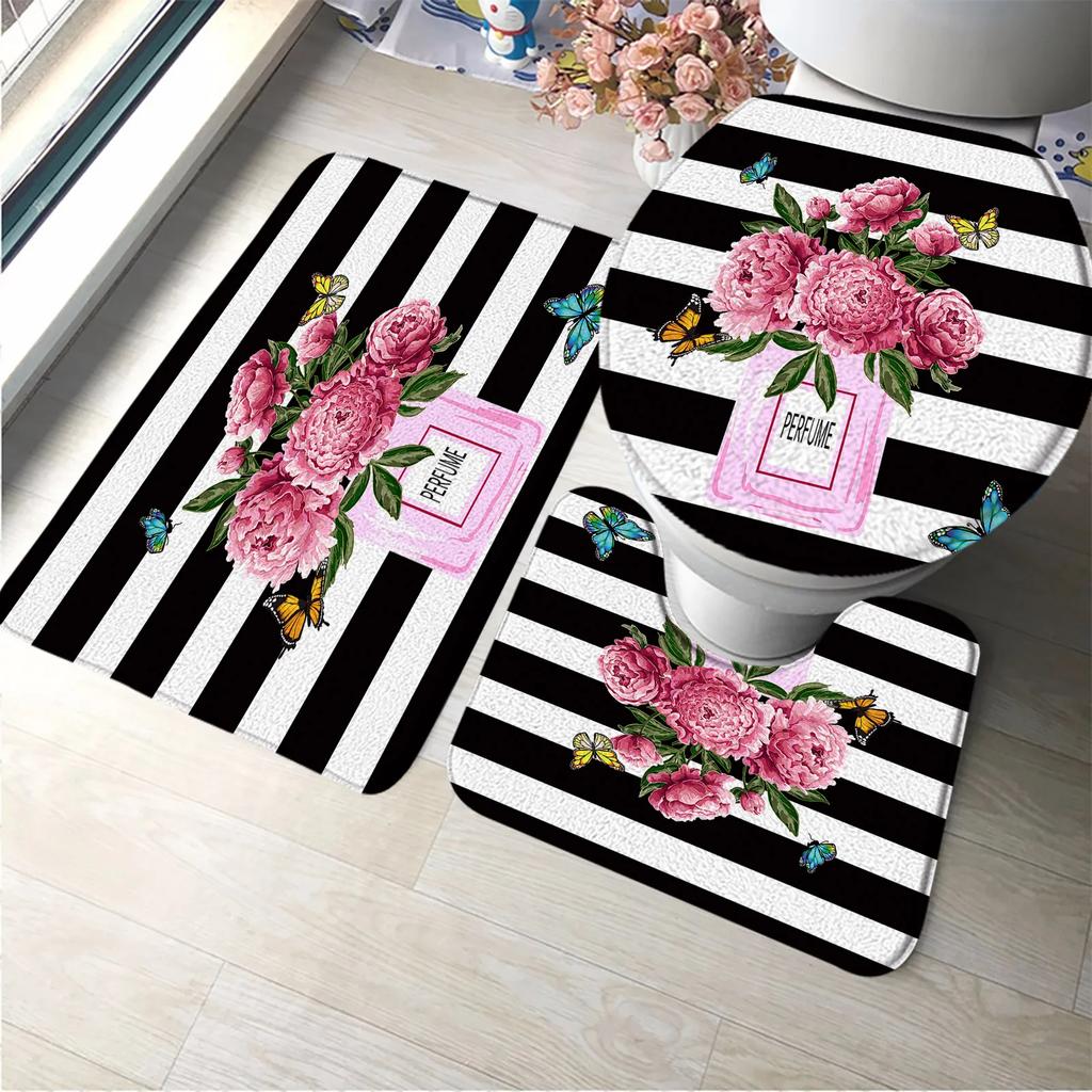 3pcs Set Perfume Flower Butterfly Bath Mat Bathroom Rugs Anti Slip Black White Stripes Bathtub Side Mats Doormat Carpet Decor