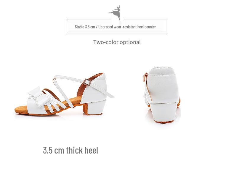Girls' White Bow Latin Dance Shoes - Soft Sole, Mid-Heel for Cha-Cha and Standard Practices