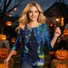 Women's Casual 3/4 Sleeve Halloween Print Pullover Shirt Round Neck Top Lightweight Soft Fabric Comfortable Fit