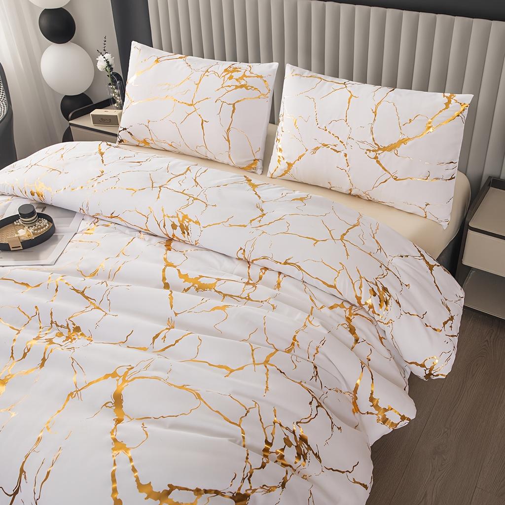 3Pcs Modern Simple Bedding Set Solid Color Pink/Grey/Green/Blue/Purple Marble Pattern Hot Stamping/Silvery Duvet Cover Set