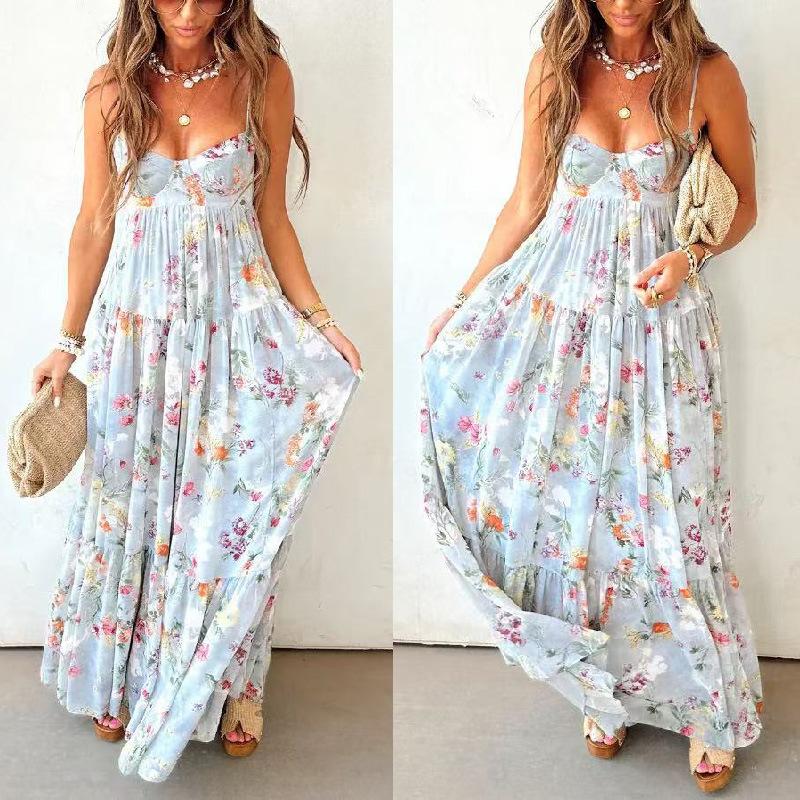 Bohemian Suspender Floral Pendulum Dress Summer New Chiffon Vacation Style Loose And Elegant Dress