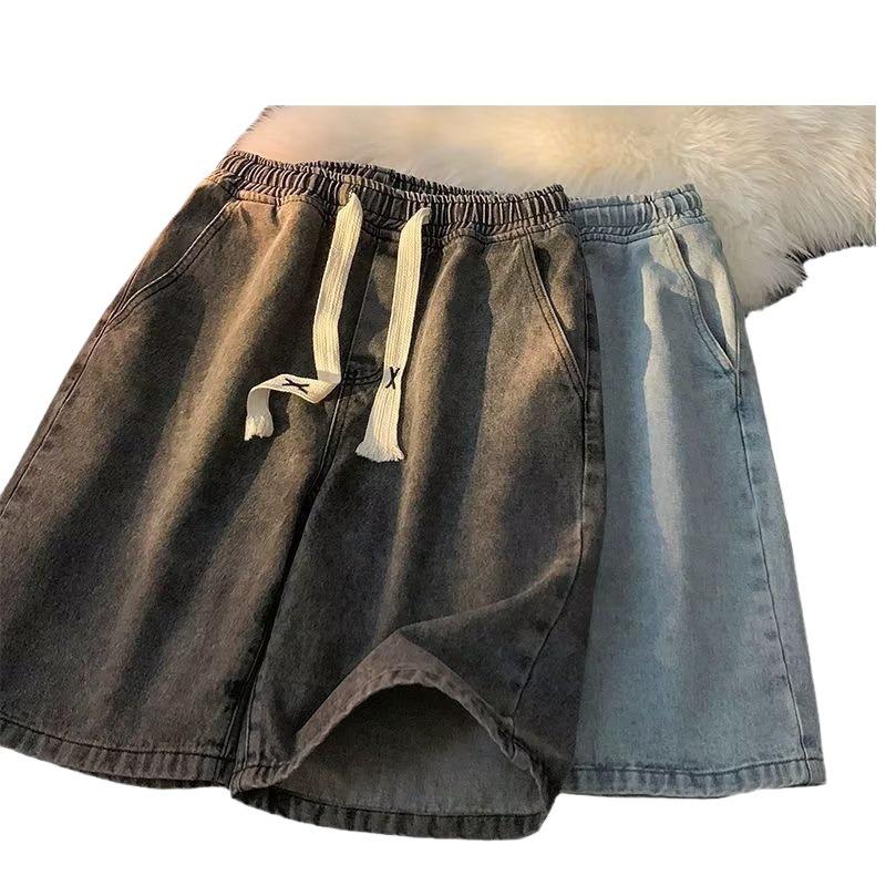 2024 Men's Chic Hong Kong Style Distressed Wide-Leg Denim Shorts with Elastic Waist